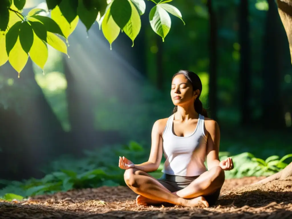 Persona meditando en la naturaleza, transmitiendo paz y serenidad