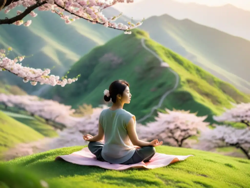 Persona meditando en la naturaleza, rodeada de árboles de cerezo en flor