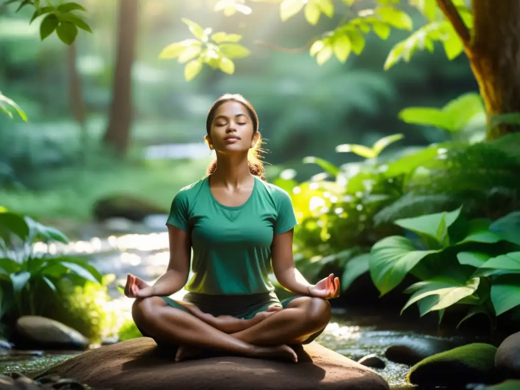 Persona meditando en la naturaleza, rodeada de plantas verdes y luz suave