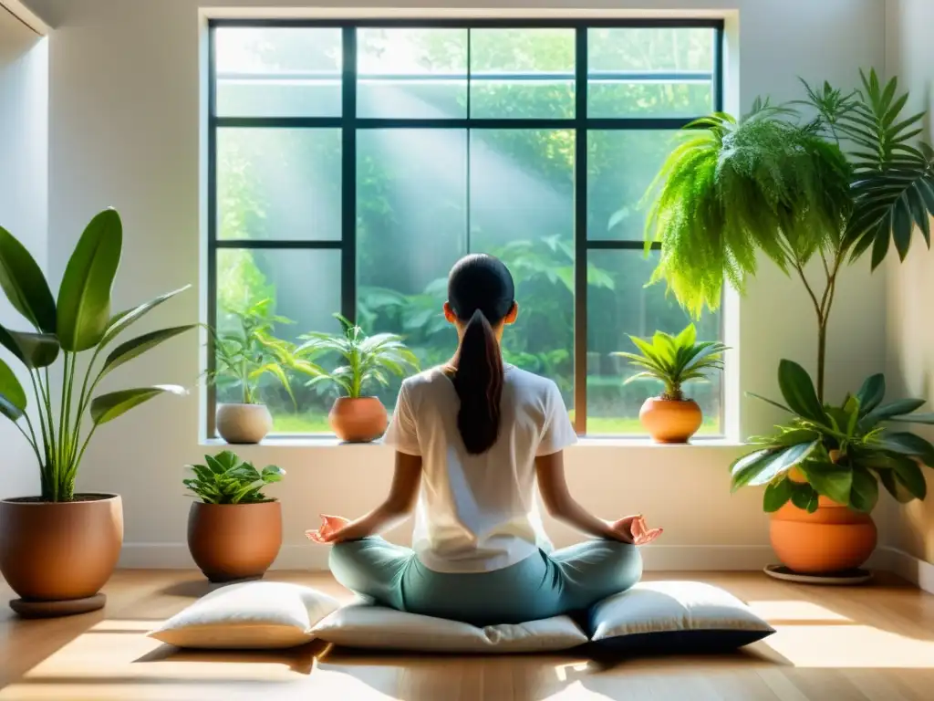Persona meditando en oficina minimalista con vista al jardín, creando atmósfera tranquila para meditación para inversores en mercados