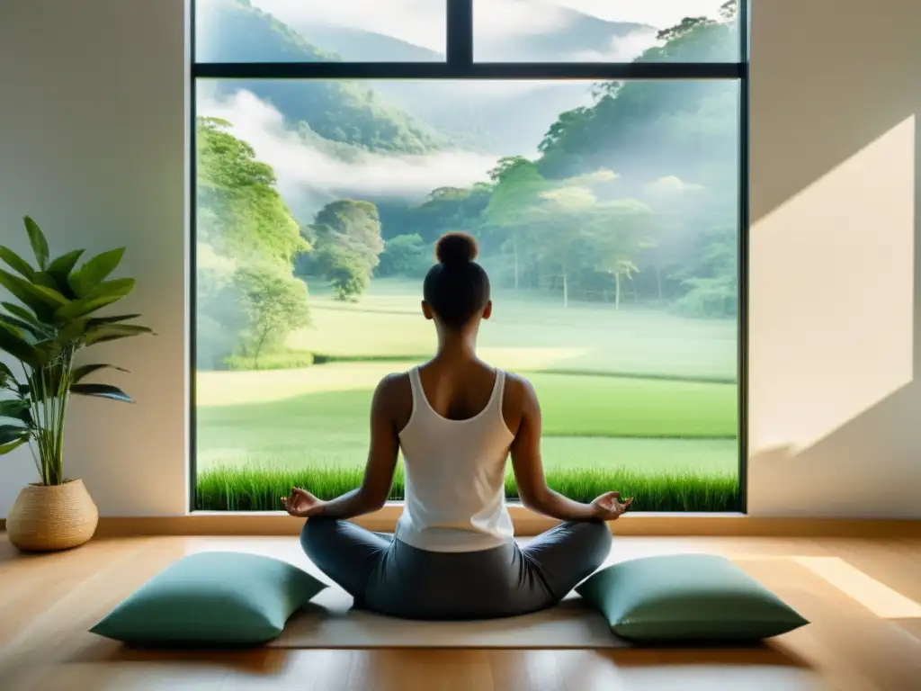 Persona meditando en oficina minimalista con vista a la naturaleza