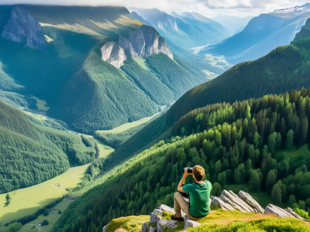Persona contemplando paisaje montañoso con binoculares, enérgico