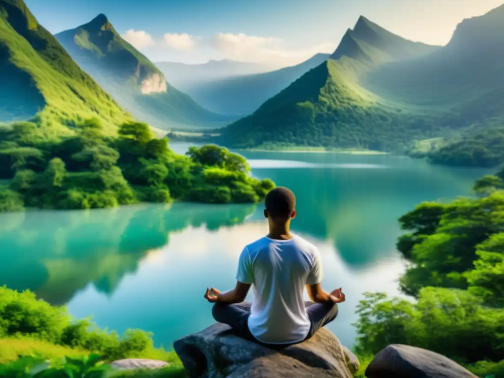 Persona en meditación en paisaje natural, expresando conexión alma individual realidad universal con serenidad y contemplación