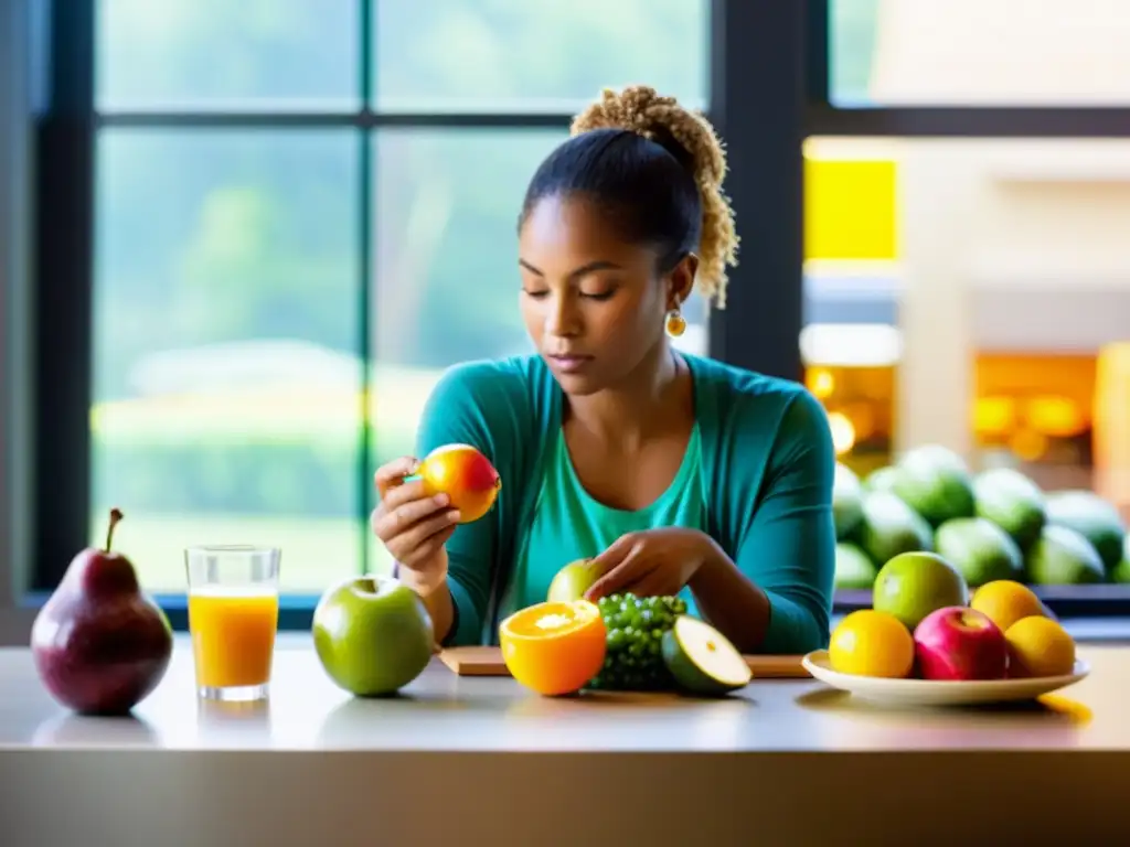 Una persona estudia detenidamente una pieza de fruta rodeada de alimentos coloridos, creando un impacto de alimentación consciente