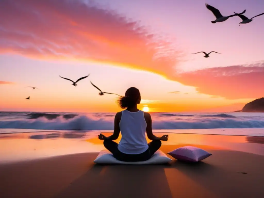 Persona en playa al amanecer practicando mindfulness y tomando decisiones éticas, rodeada de herramientas de meditación y reflexión