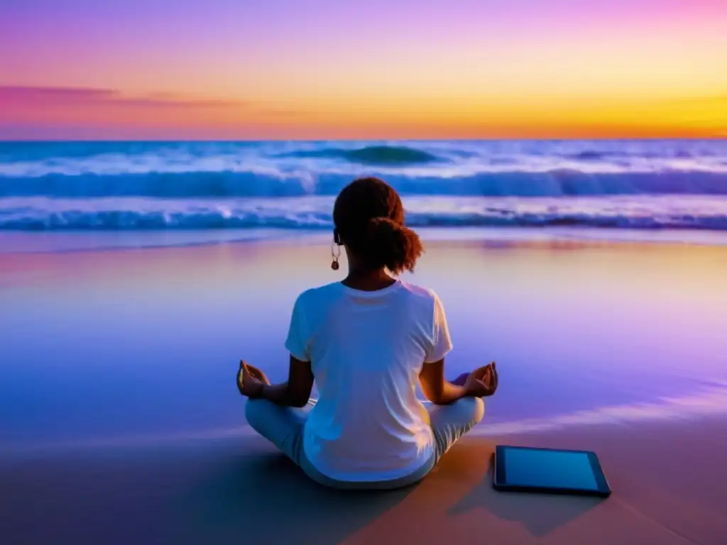 Persona en la playa en equilibrio mindfulness era digital