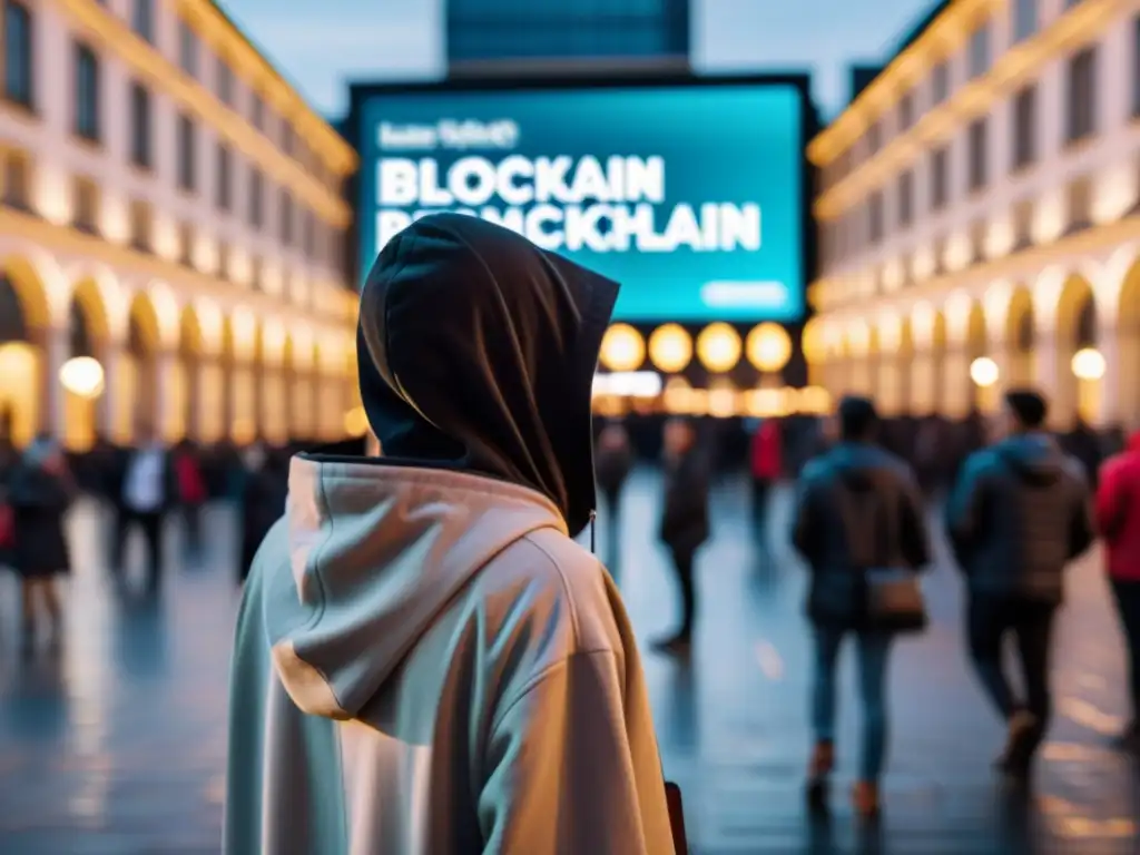 Persona en plaza urbana, con capa, usando móvil con interfaz blockchain