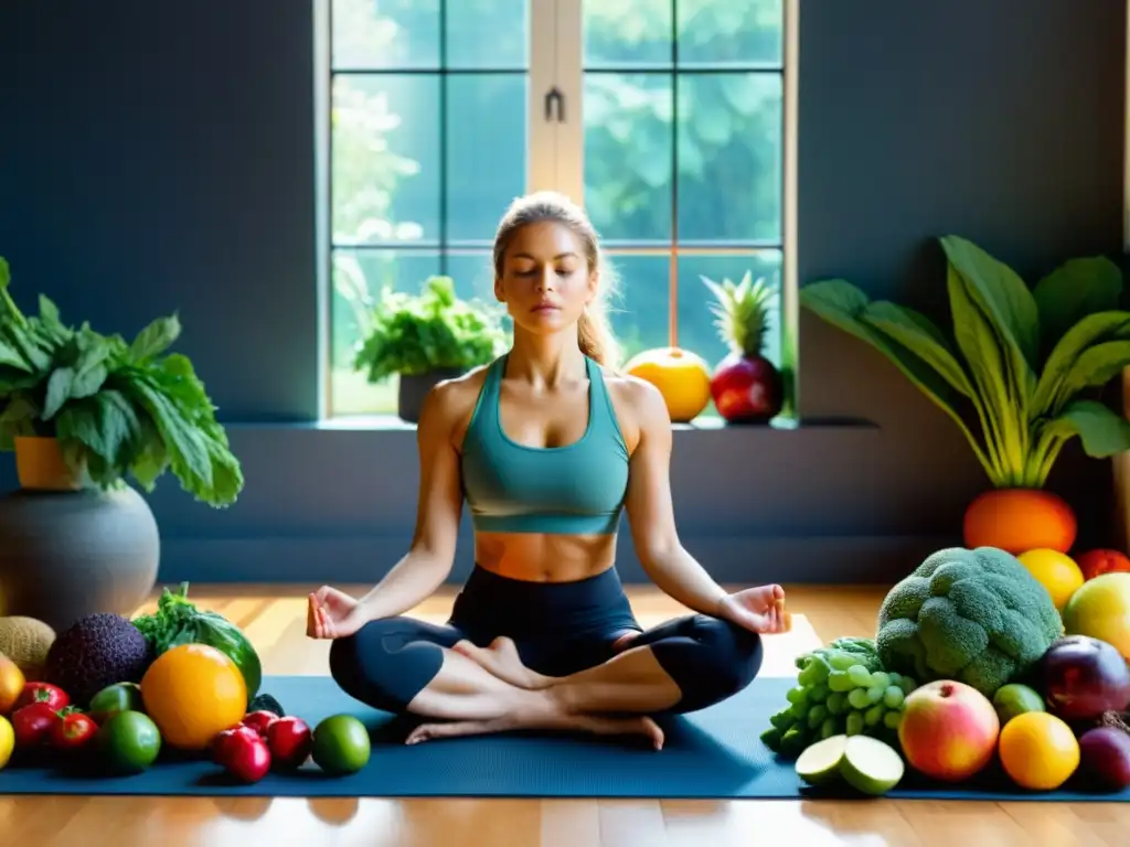Persona en pose de yoga examinando frutas frescas, transmitiendo el impacto de la alimentación consciente con una expresión contemplativa
