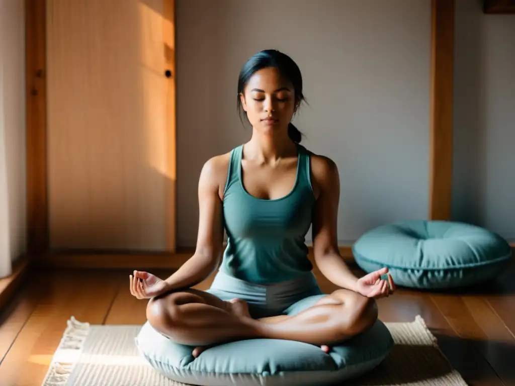 Una persona en postura de meditación, con expresión serena