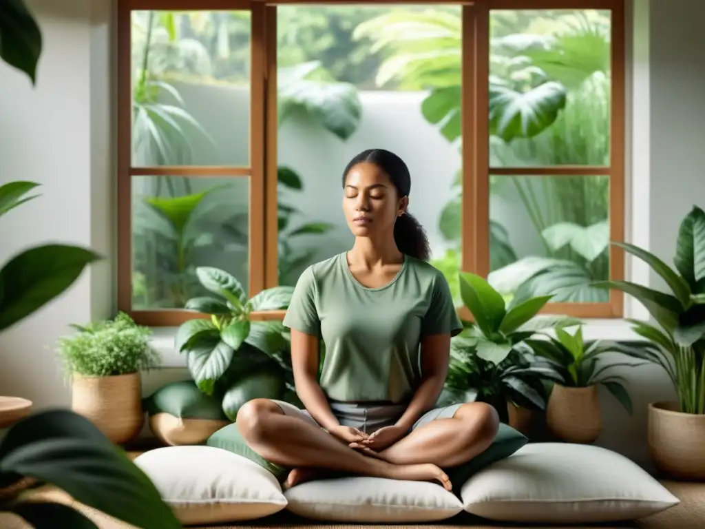 Persona en postura de meditación, rodeada de luz natural y plantas, transmite serenidad y bienestar emocional con mindfulness para bienestar emocional