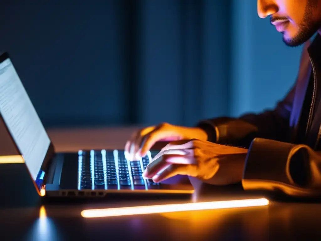 Persona preocupada navegando la ética de la privacidad en la era digital en una habitación tenue, iluminada por la pantalla de la computadora