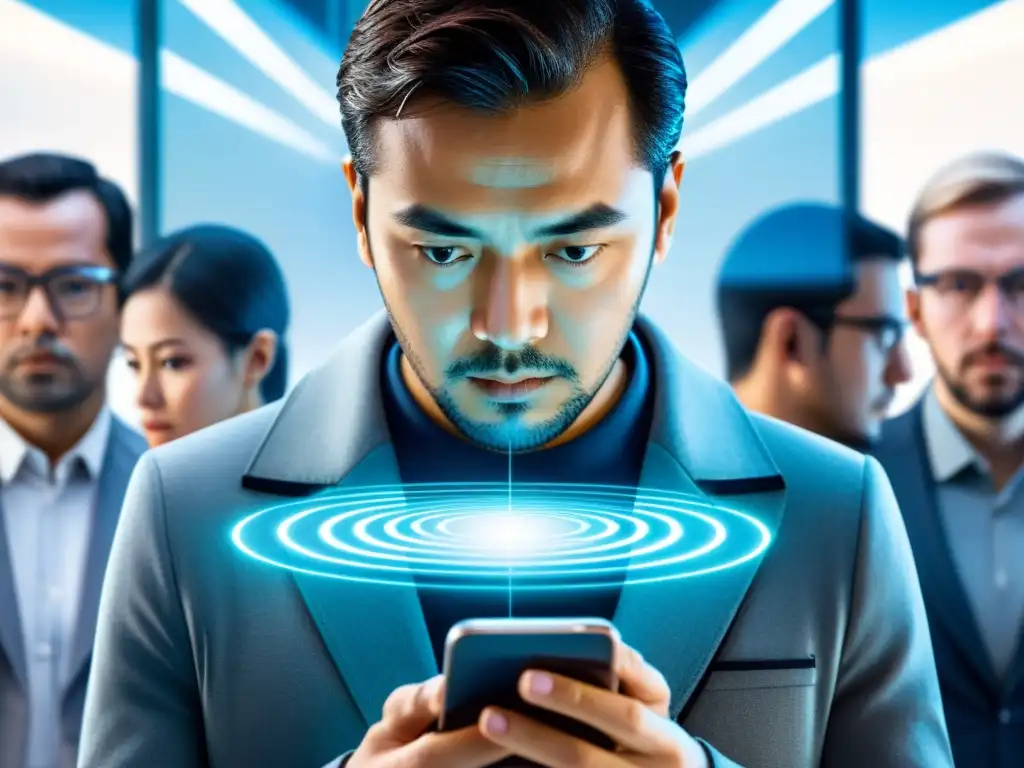 Preocupación digital: Privacidad vs Persona preocupada usando smartphone con reflejo de pantallas, simbolizando la intersección de big data y privacidad en la era digital