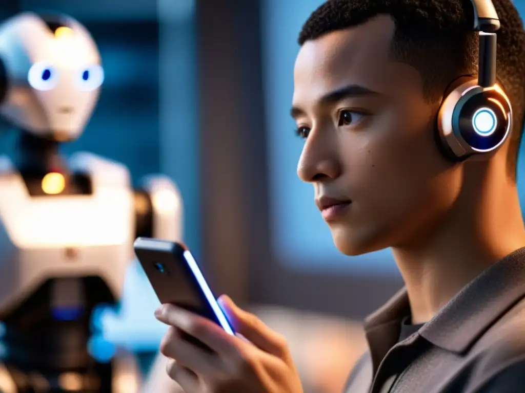Una persona preocupada mira su smartphone mientras un robot interactúa con un grupo en un entorno social