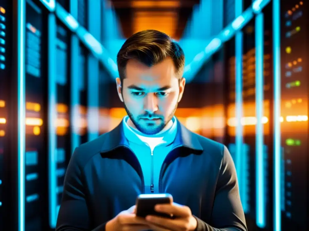 Privacidad en la era digital: conflicto de intereses Persona preocupada usando smartphone con servidores de datos borrosos al fondo, ilustrando la privacidad en la era digital