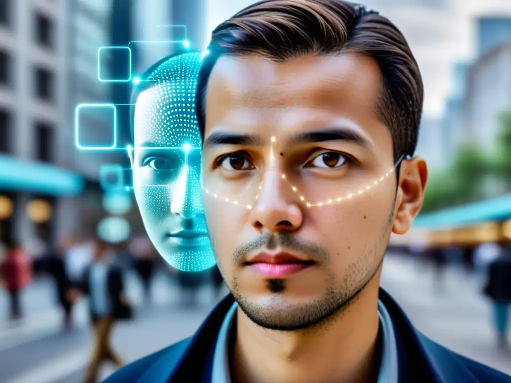 Una persona preocupada utilizando la tecnología de reconocimiento facial en un smartphone en un entorno urbano