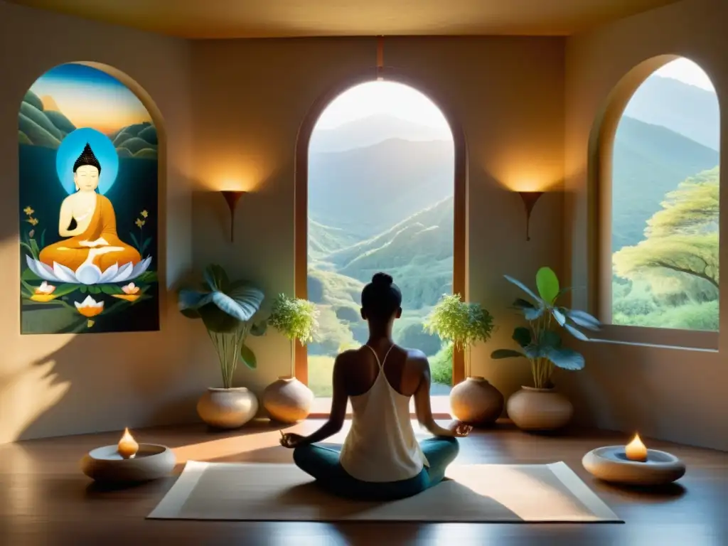 Persona en profunda meditación en una habitación serena iluminada por luz dorada, rodeada de arte y con una fuente tranquila