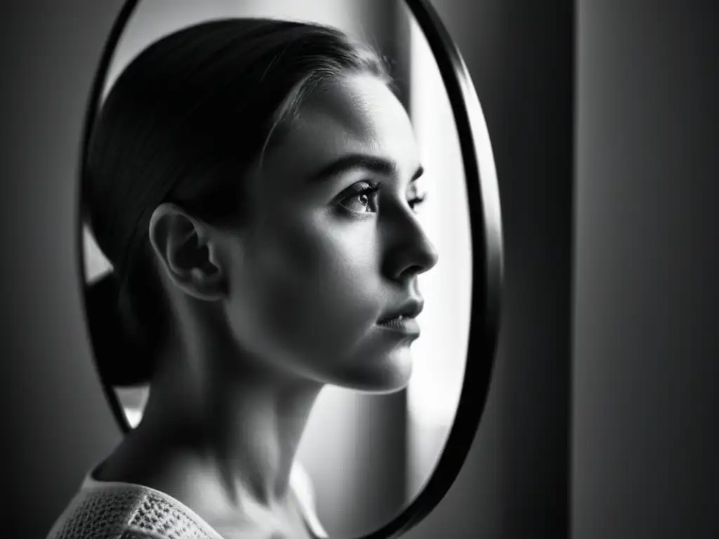 Una persona contempla su reflejo en un espejo con expresión pensativa, mientras la imagen reflejada se distorsiona