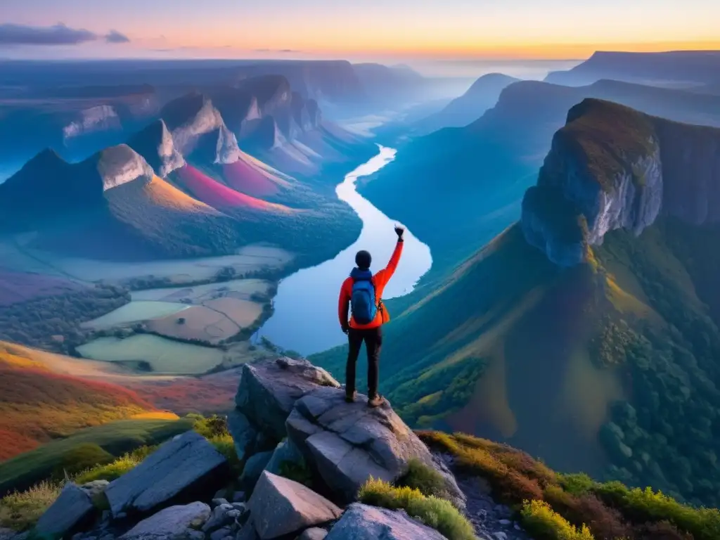 Persona reflexiva contemplando un amanecer en el borde de un acantilado rocoso