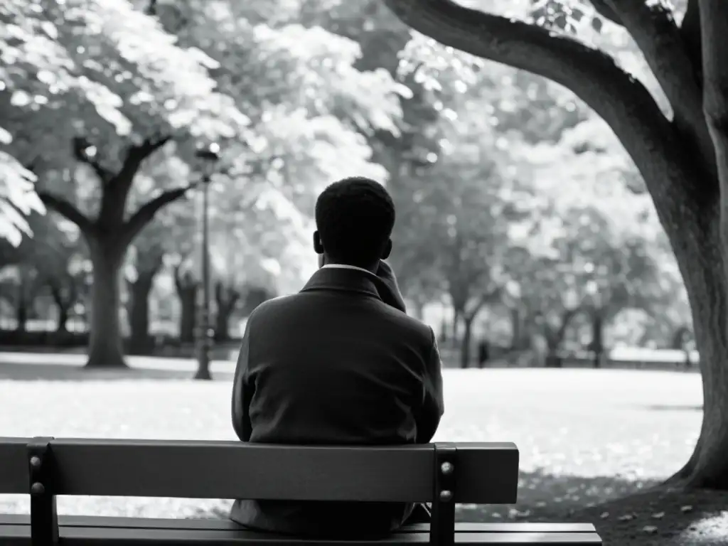 Una persona reflexiva en un banco del parque, rodeada de árboles altos y luz suave