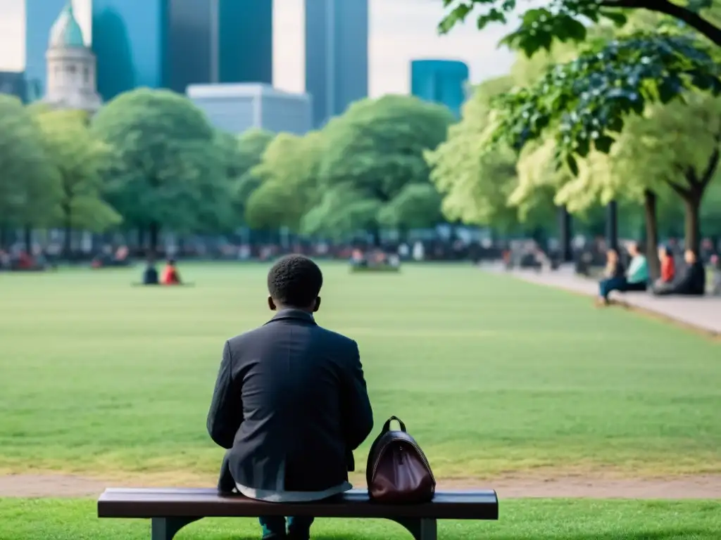 Persona reflexiva en banco del parque, contrastando con vida urbana
