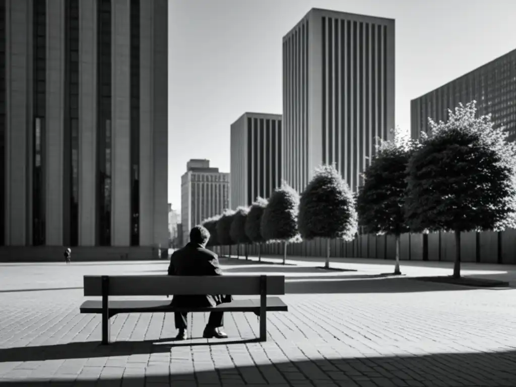 Una persona reflexiva en un banco solitario en un entorno urbano desolado