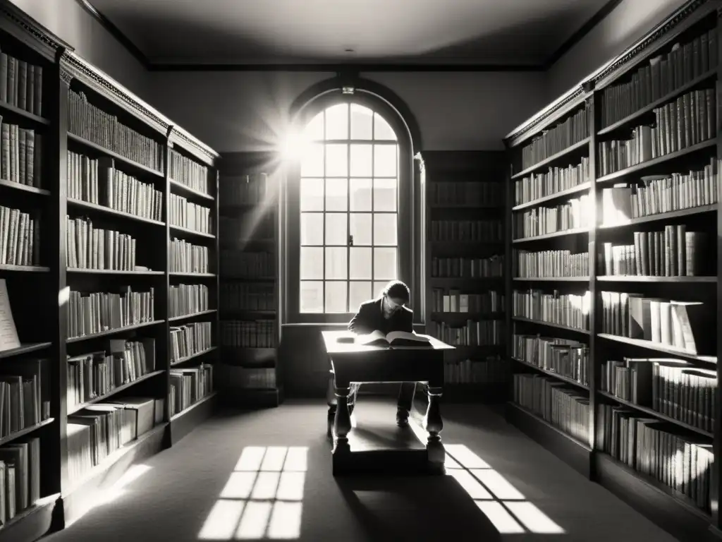 Persona reflexiva en biblioteca iluminada por el sol, rodeada de libros y notas