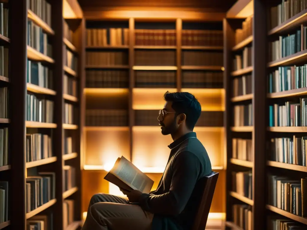 Persona reflexiva en biblioteca iluminada por lámpara, rodeada de libros antiguos, evocando la historia de la filosofía occidental