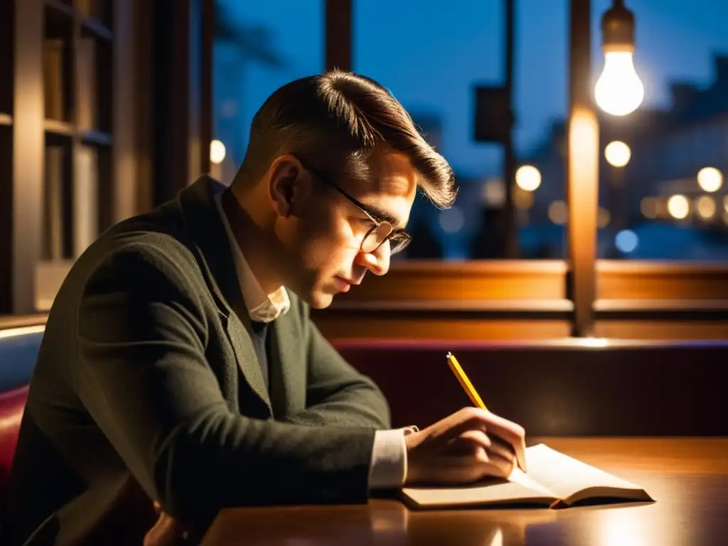 Persona reflexiva en café iluminado, estudiando 'El Ser y la Nada' de Sartre