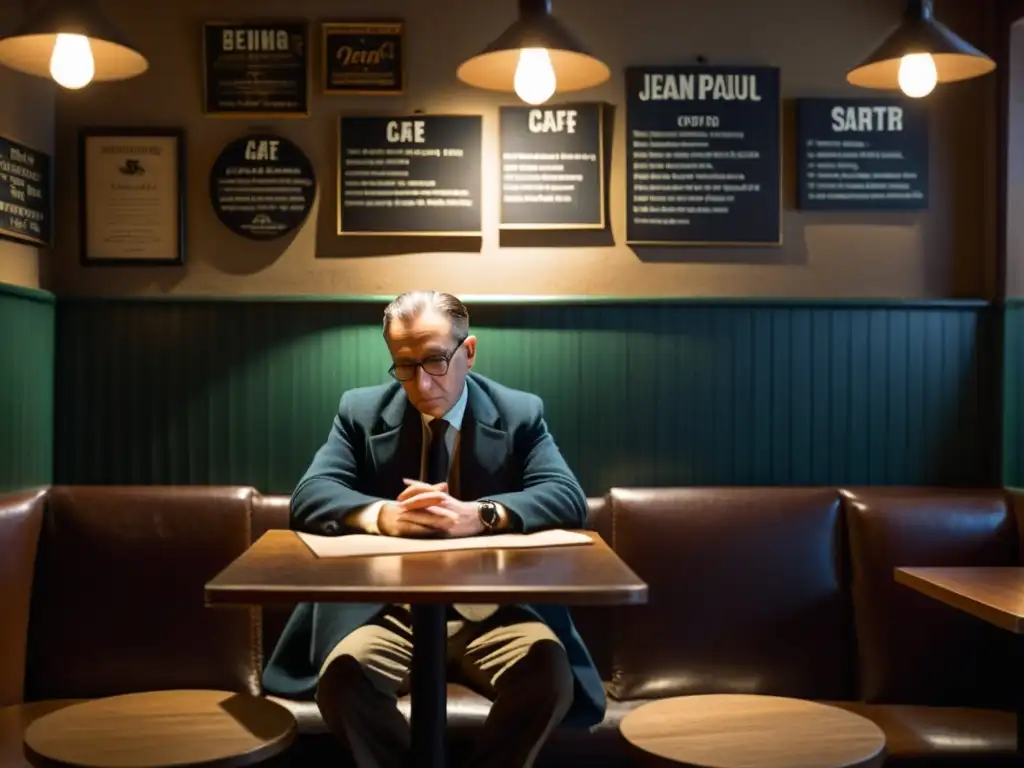 Persona reflexiva en un café vintage, inmersa en el pensamiento existencialista en la era moderna, con el libro 'El Ser y la Nada' de Jean-Paul Sartre