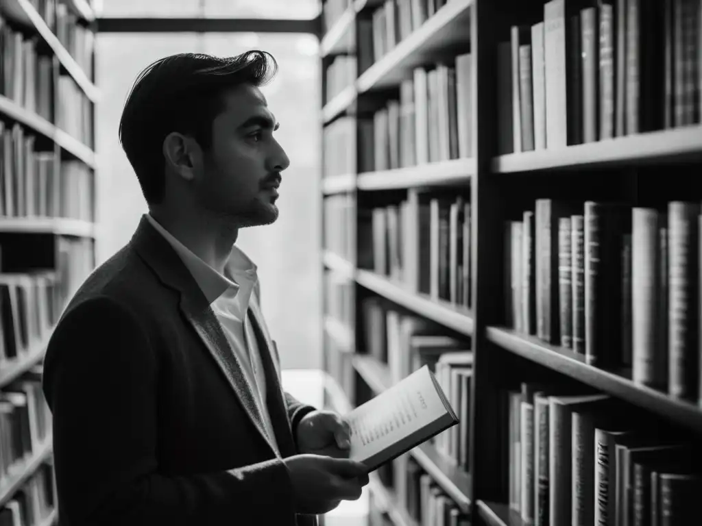 Una persona reflexiva frente a una estantería llena de libros antiguos en diferentes idiomas, sumergida en pensamiento profundo