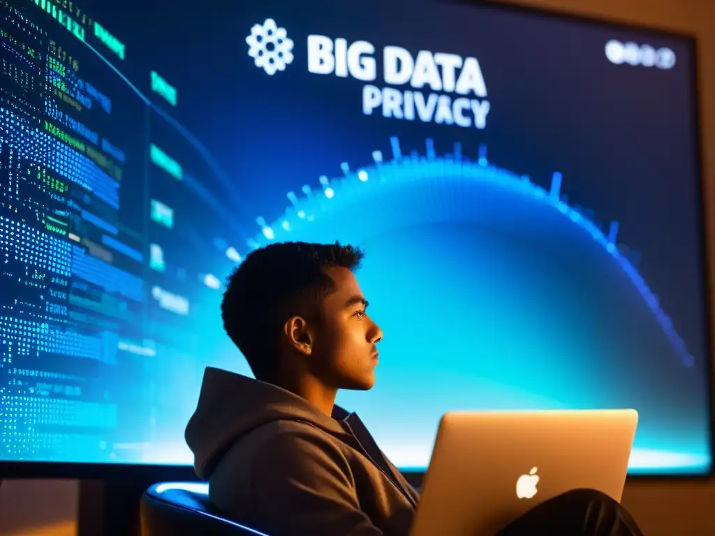 Reflexión ética: Persona frente a datos Una persona reflexiva frente a una pantalla de computadora con datos y símbolos de privacidad