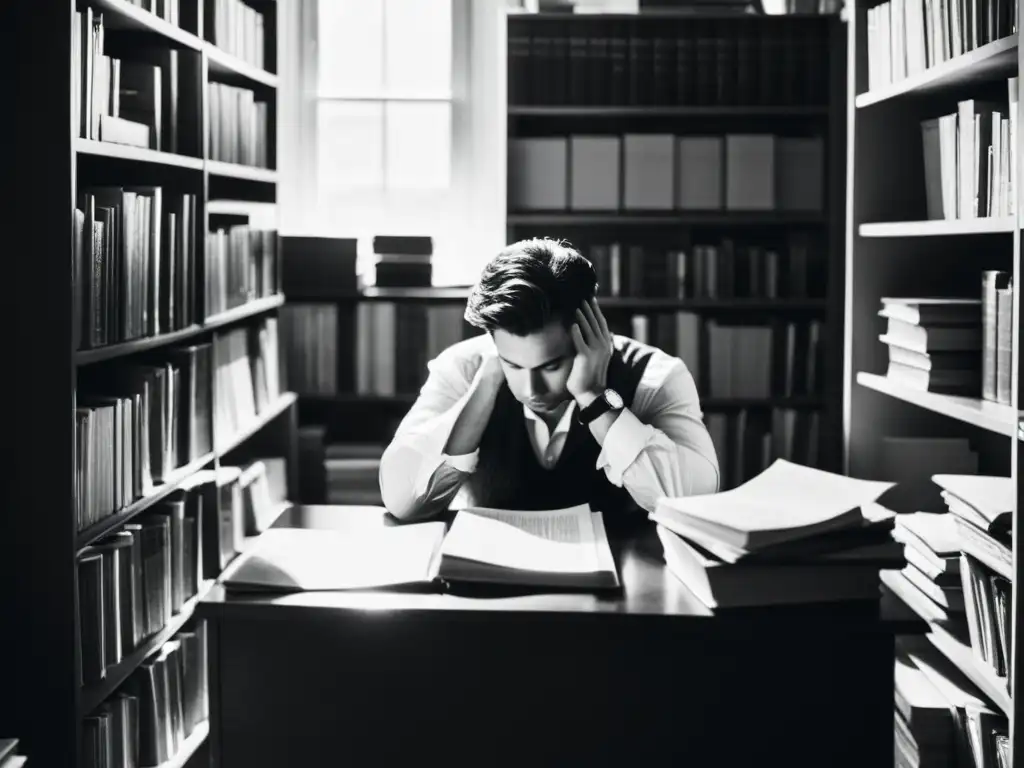 Persona reflexiva en una habitación llena de libros, con técnicas de automejora inspiradas en Michel Foucault