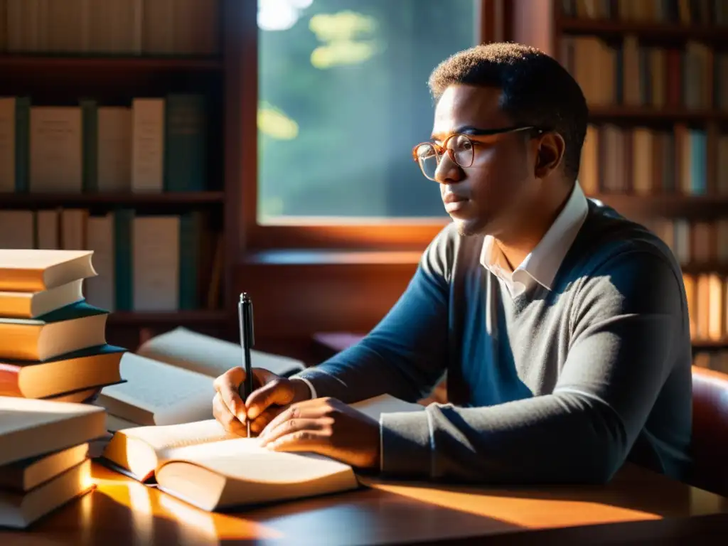 Persona reflexiva con libros abiertos en un escritorio, rodeada de notas y luz cálida