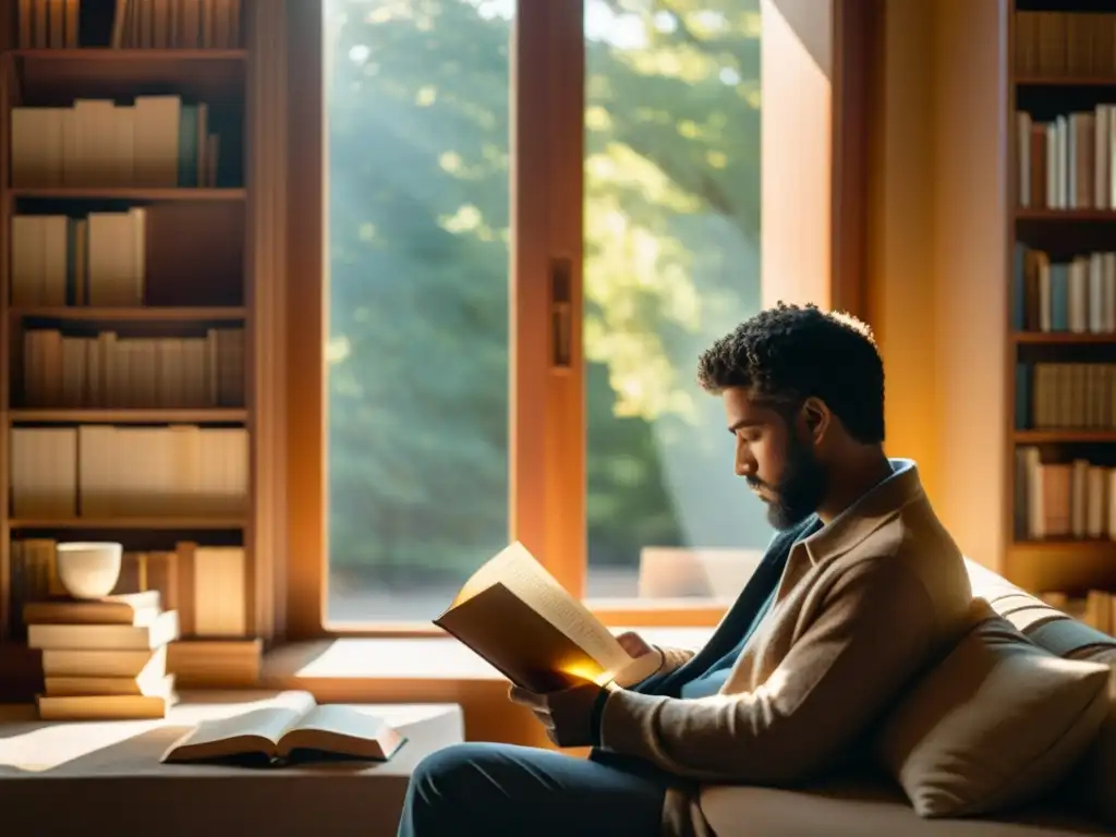 Persona reflexiva con libros prácticos sobre estoicismo moderno, disfrutando de la serenidad y sabiduría de Marcus Aurelius en una habitación soleada