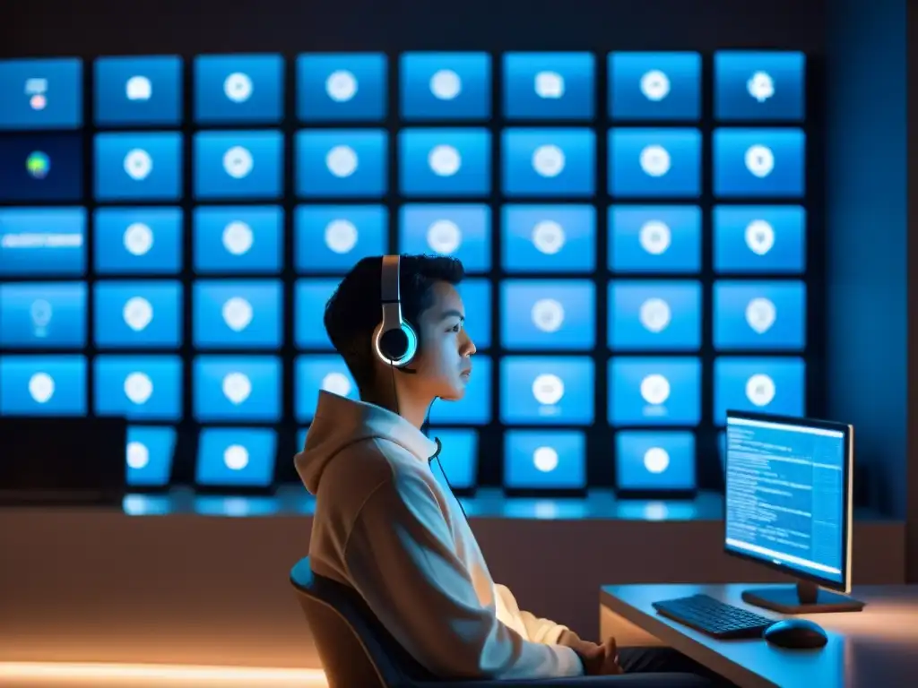 Persona reflexiva en habitación con múltiples pantallas, simbolizando la privacidad en la Era de la IA