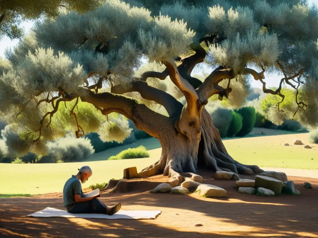 Persona reflexiva bajo un olivo centenario, leyendo 'Nicomachean Ethics' de Aristóteles