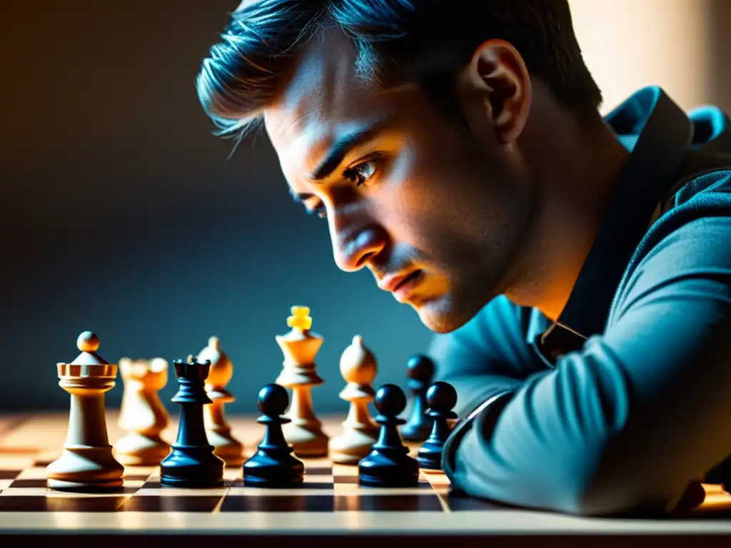Persona reflexiva en partida de ajedrez, con estrategias filosóficas para la toma de decisiones