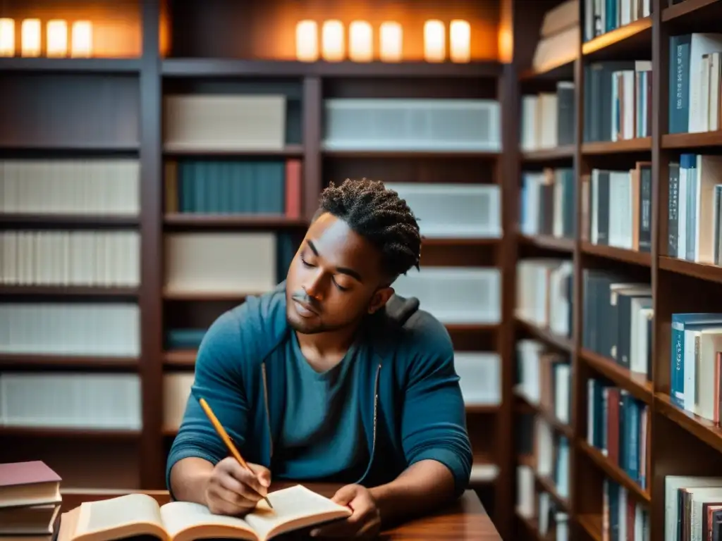 Persona reflexiva rodeada de libros, escribiendo en un cuaderno en un estudio acogedor