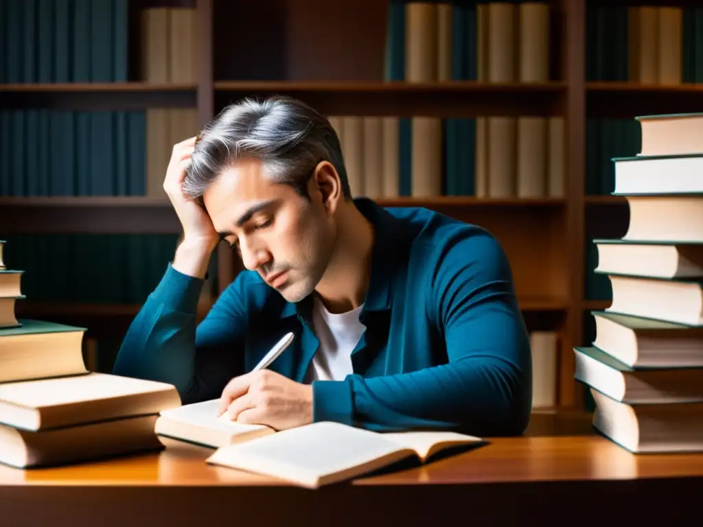 Inversor reflexivo inmerso en libros Persona reflexiva rodeada de libros, sosteniendo un bolígrafo, con la influencia de la psicología en decisiones de inversión presente en su expresión