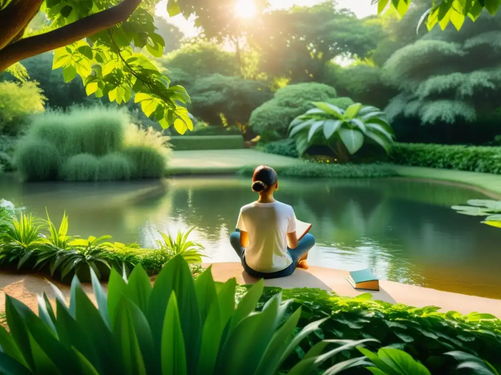 Persona reflexiva leyendo filosofía en jardín sereno, promoviendo aplicaciones prácticas filosofía vida cotidiana