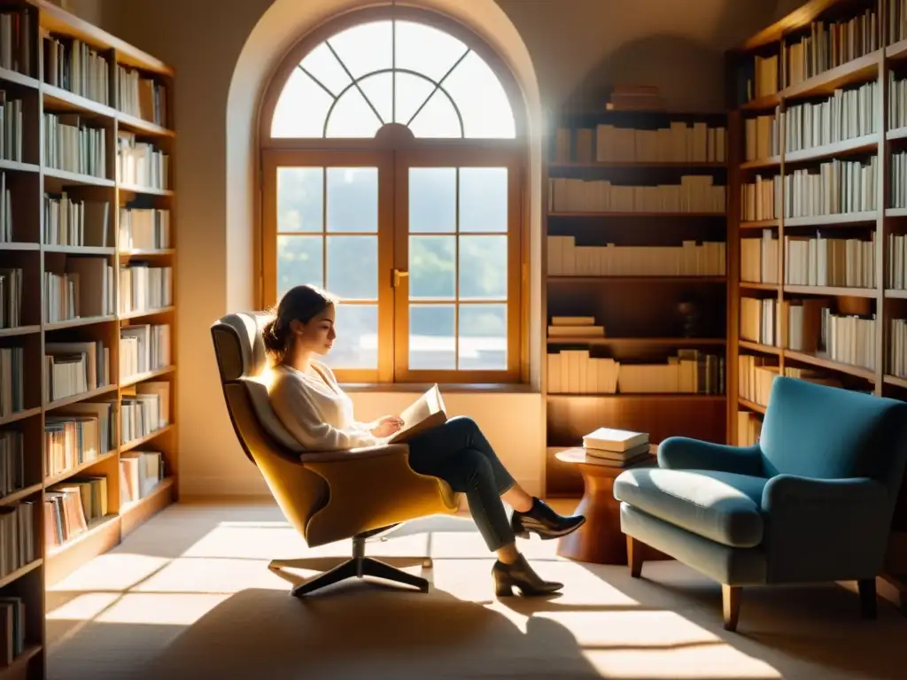 Persona reflexiva en silla junto a ventana, rodeada de libros iluminados por cálidos rayos de sol