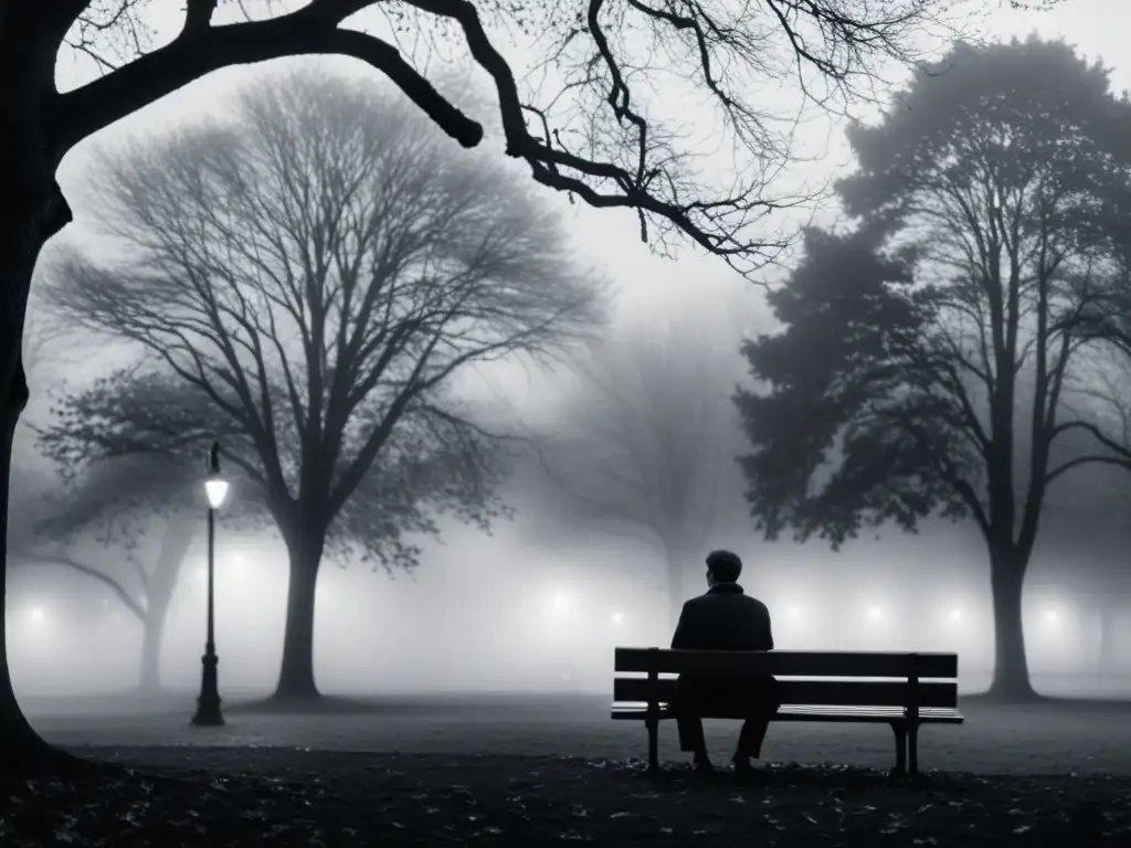 Persona reflexiva sola en banco del parque, rodeada de densa niebla