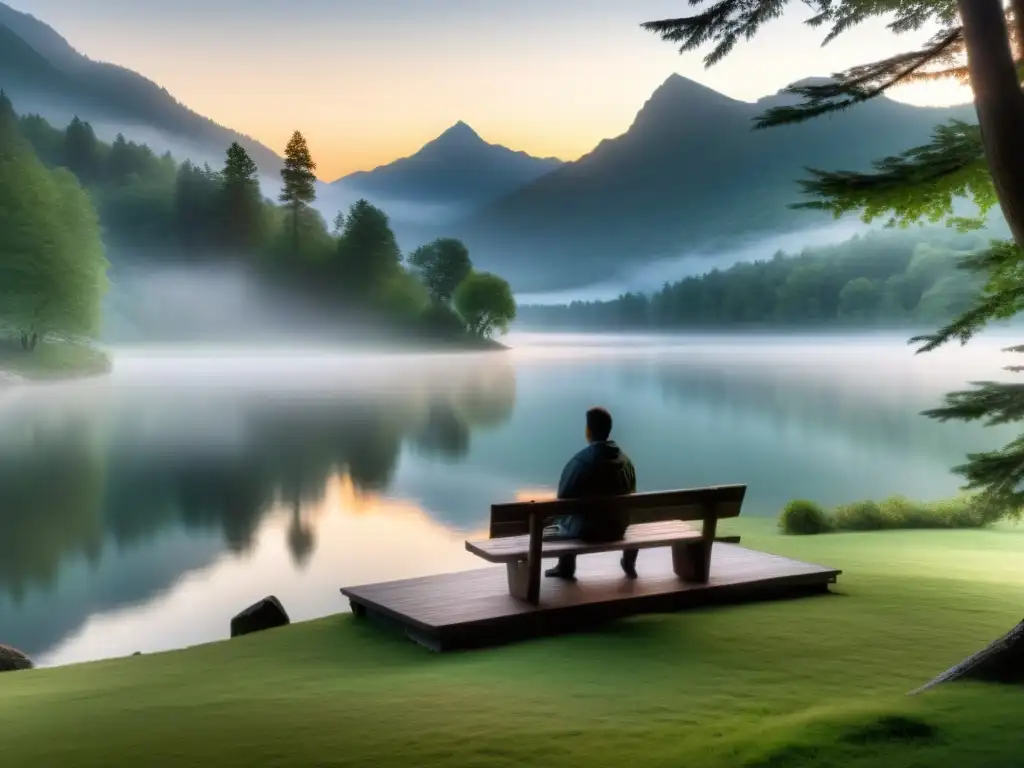 'Persona en retiro filosófico para cambiar perspectiva en tranquilo lago al amanecer