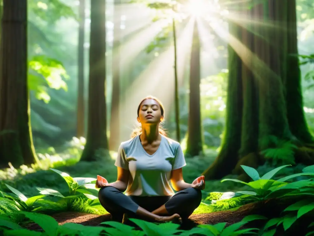 Persona en meditación, rodeada de árboles verdes con luz solar