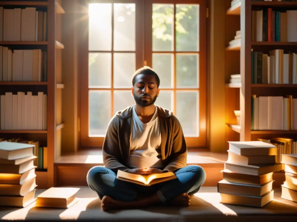 Persona meditando rodeada de libros, con luz dorada iluminando su rostro y páginas