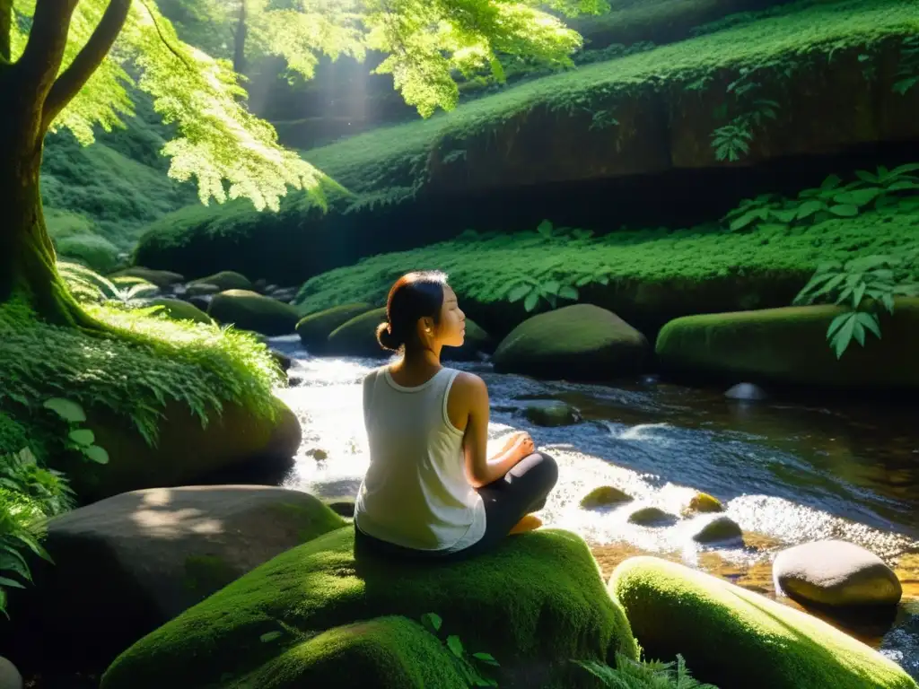 Persona en meditación, rodeada de naturaleza exuberante y luz solar