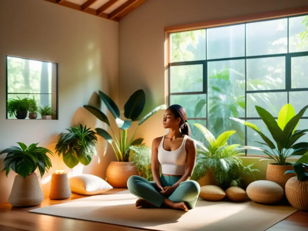Persona meditando rodeada de plantas, ambiente sereno y tranquilo, beneficios científicos meditación testimonios