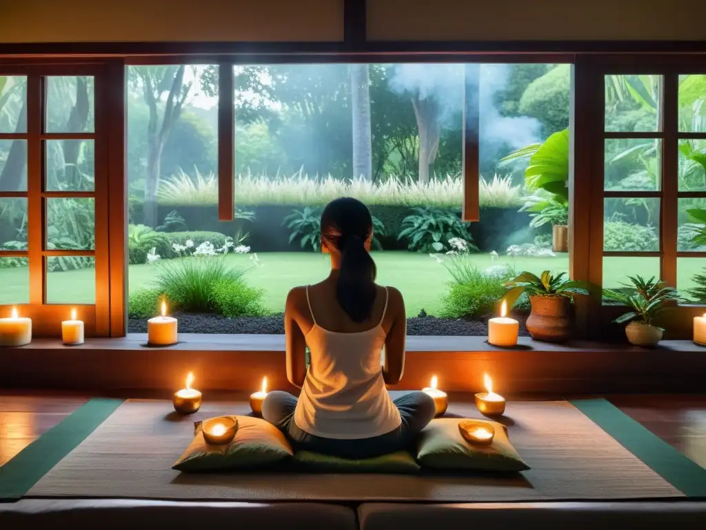 Persona en meditación, rodeada de velas e incienso, en un espacio sereno con vista a un exuberante jardín