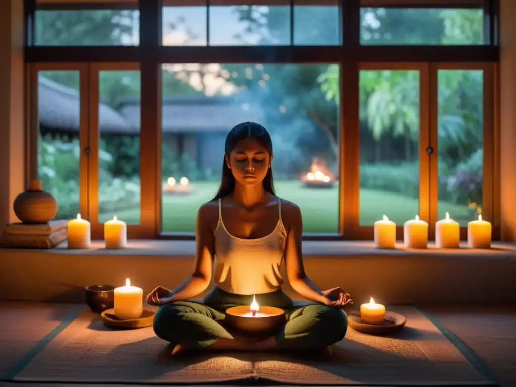 Persona en meditación, rodeada de velas y incienso, con vista a un jardín tranquilo