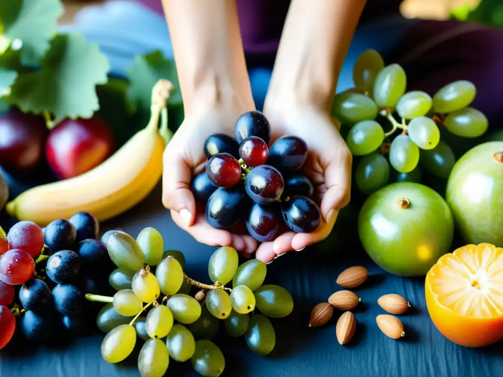 Una persona sentada en un cojín rodeada de frutas, verduras y granos, sosteniendo una uva y mostrando impacto de la alimentación consciente